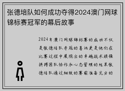 张德培队如何成功夺得2024澳门网球锦标赛冠军的幕后故事 张德培队如何成功夺得2024澳门网球锦标赛冠军的幕后故事