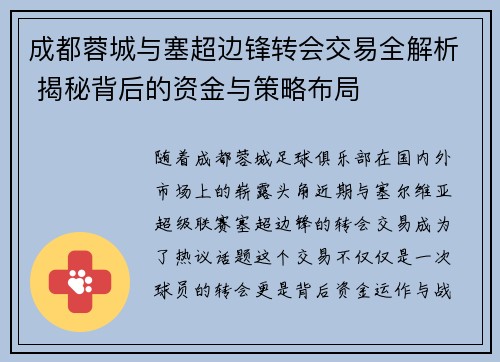 成都蓉城与塞超边锋转会交易全解析 揭秘背后的资金与策略布局